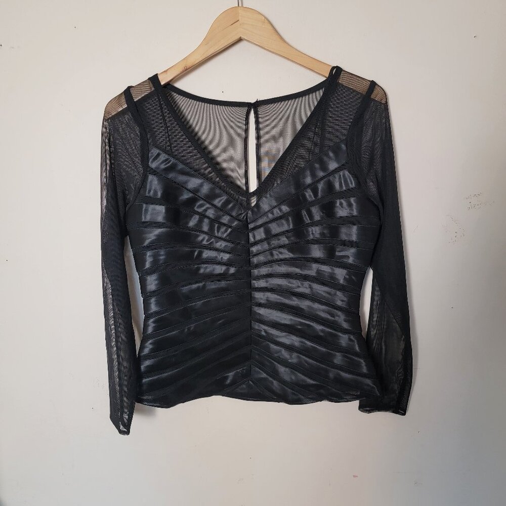 Dressbarn Collection Leather and Sheer Black Long Sleeve Top Size 8